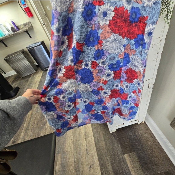 Japna Small Blue Red Floral Dress W Slit Bold Patriotic Y2k Flowy Ruffle Midi - Picture 4 of 4